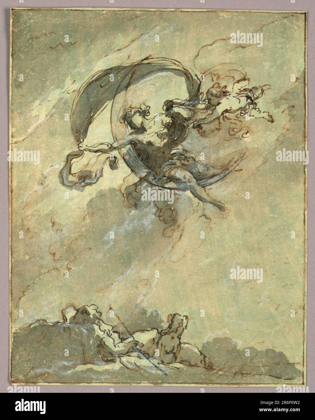 La dea seduta in mezzaluna guarda verso il pastore addormentato, il cui capo giace su una pietra e che è mostrato dal capo. Un cupido che porta un vaso vola accanto alla dea. Linea di framing. Data: 1750-1800. Penna e inchiostro, gesso nero, pennello e acquerello grigio e oliva, pennello e gouache bianco su carta. Museo: Cooper Hewitt, Smithsonian Design Museum. Foto Stock