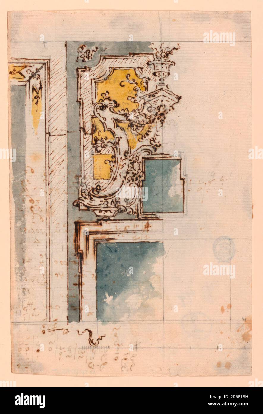 In figura sono mostrati l'angolo superiore destro di un telaio della porta, a sinistra, e il lato sinistro del caminetto. L'apertura è incorniciata da stampaggio. Al centro dello scaffale si trova un piccolo vetro. E' circondata lateralmente e superiormente da rotoli che terminano al centro sopra con una staffa su cui poggia una ciotola con una fiamma. Un pannello sullo sfondo è incorniciato da stampaggio. Di seguito è riportato un piano di modanature e la scala. Verso: Conti scritti in inchiostro. Data: 1725-1750. Gesso nero, penna e inchiostro, pennello e acquerello sulla carta. Museo: Cooper Hewitt, Smithsonian Design Museum. Foto Stock