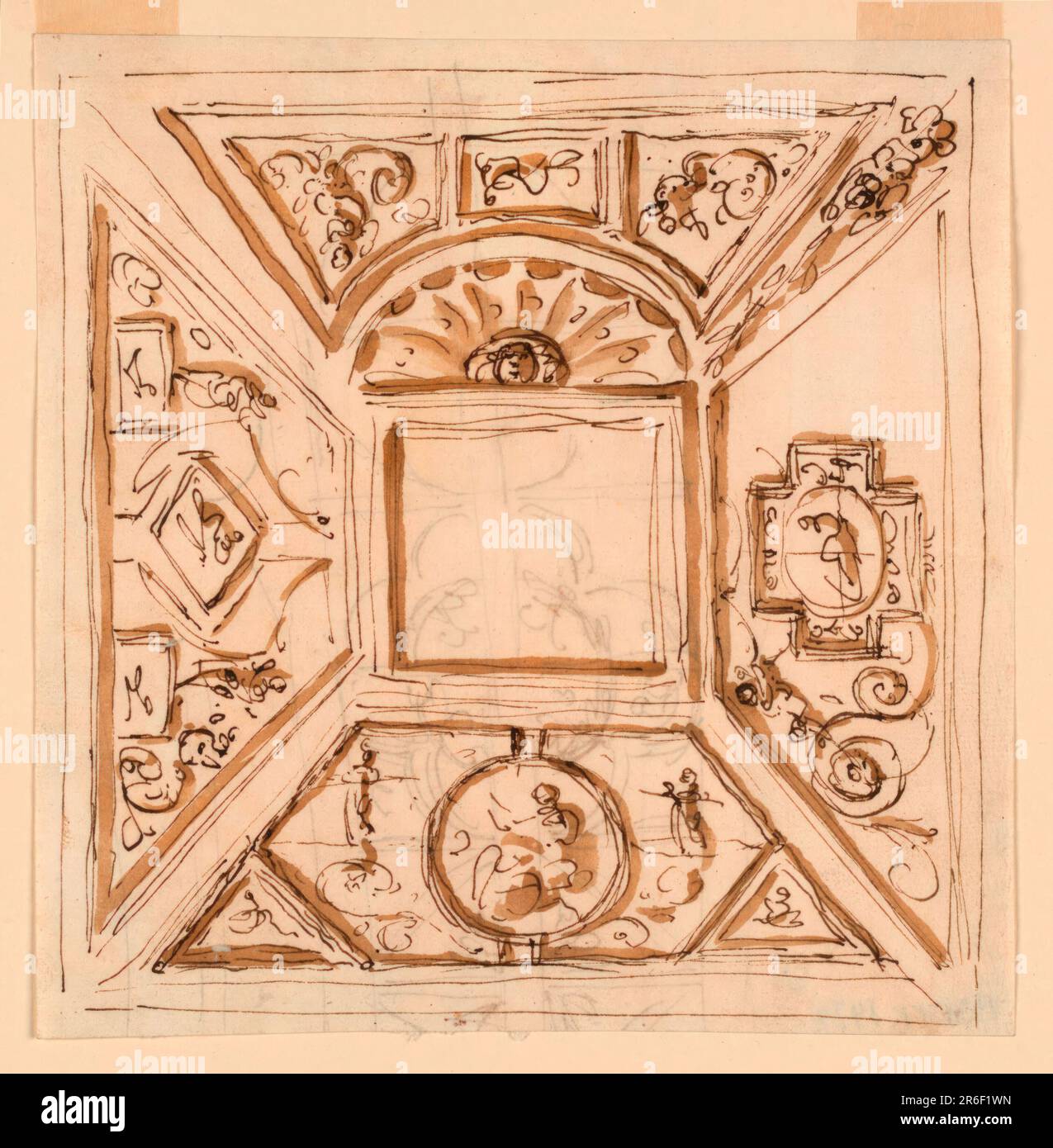 Obverse: Un soffitto quadrato. Al centro è stampata una cornice quadrata dai cui angoli le bande si allungano verso gli angoli della stanza. Per i trapezi risultanti sono suggerite decorazioni alternate. Il trapezio superiore è sferico con semicerchio sottostante decorato con una fascia con ali di pipistrello. E' anche suggerita una decorazione della band. Al centro dei trapezi si trovano sotto un medaglione circolare con una figura, a destra un medaglione ovoidale a forma di croce a sinistra una losanga con una figura. Verso: Un disegno ruvido per una decorazione con quatrefoil e una losanga. Data: CA. 1820. Penna e marrone Foto Stock
