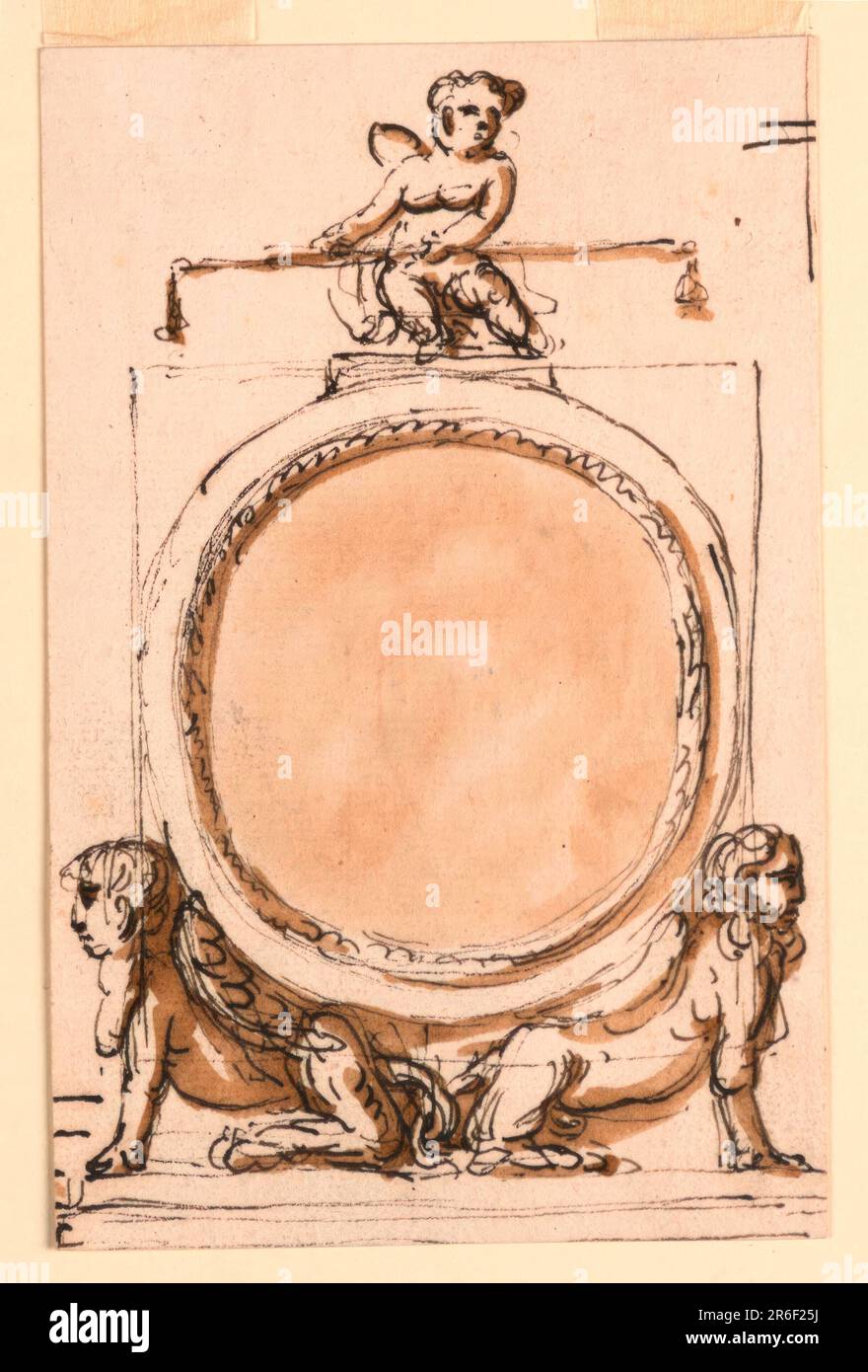 Una cornice circolare è inscritta in un quadrato; ha sulla sommità una base su cui siede un putto che porta un equilibrio ed è sostenuta da due sfingi seduti, alati, girati verso l'esterno. Di seguito è riportata una base. In alto a destra. Penna e inchiostro marrone, pennello e lavaggio marrone, grafite su carta steso biancastra. Data: 1790-1800. Museo: Cooper Hewitt, Smithsonian Design Museum. Foto Stock