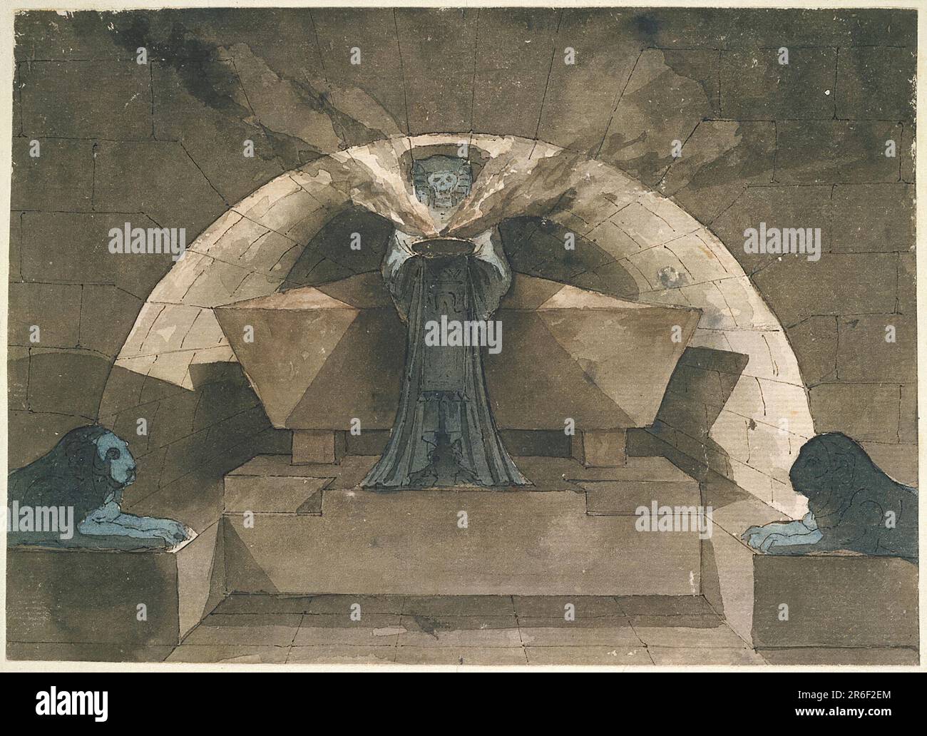 Fantasia architettonica. Un disegno di una tomba con un sarcofago in una nicchia ad arco arrotondato. Una figura robata di morte si trova davanti al sarcofago che regge una lampada da fumo. La tomba è fiancheggiata da 2 leoni recumbenti scolpiti in pietra. Data: 1779-84. Penna e inchiostro nero, pennello e grigio, lavaggio blu-grigio, grafite su carta biancastra. Museo: Cooper Hewitt, Smithsonian Design Museum. Foto Stock