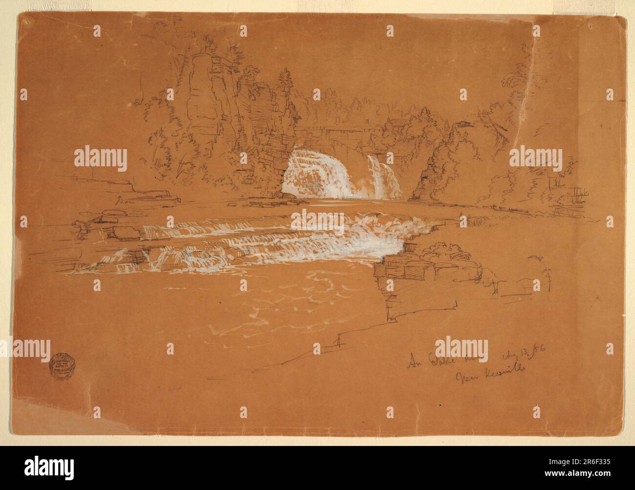 Vista orizzontale delle cascate superiori incorniciate da muri in arenaria nel centro centrale, con le cascate inferiori visibili nel centro sinistro. Grafite, pennello e gouache bianche su carta marrone. Data: 13 agosto 1856. Museo: Cooper Hewitt, Smithsonian Design Museum. Foto Stock