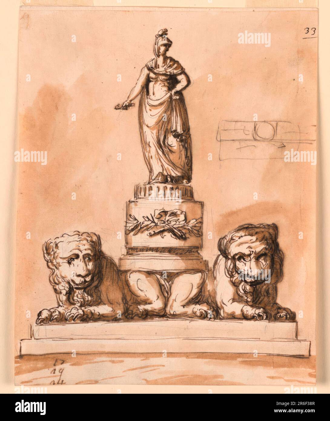 Due leoni si accovacciano obliquamente su una base di due sezioni. Un piedistallo circolare si erge sulle loro parti posteriori. Una donna con un casco sta sopra. Porta qualcosa di indistinto nella sua mano destra. Un piano è disegnato a destra. Tre cifre di un accoutn sono scritte qui sotto, a sinistra. Sfondo colorato. L'acqua è indicata di seguito. Data: 1746-1809. Penna e inchiostro marrone, pennello e lavaggio marrone, gesso nero su carta steso biancata. Museo: Cooper Hewitt, Smithsonian Design Museum. Foto Stock