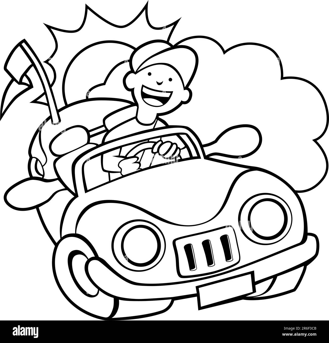 Raggruppate il cloud, sun e convertibile dell uomo alla guida della sua auto in una giornata di sole. Illustrazione Vettoriale