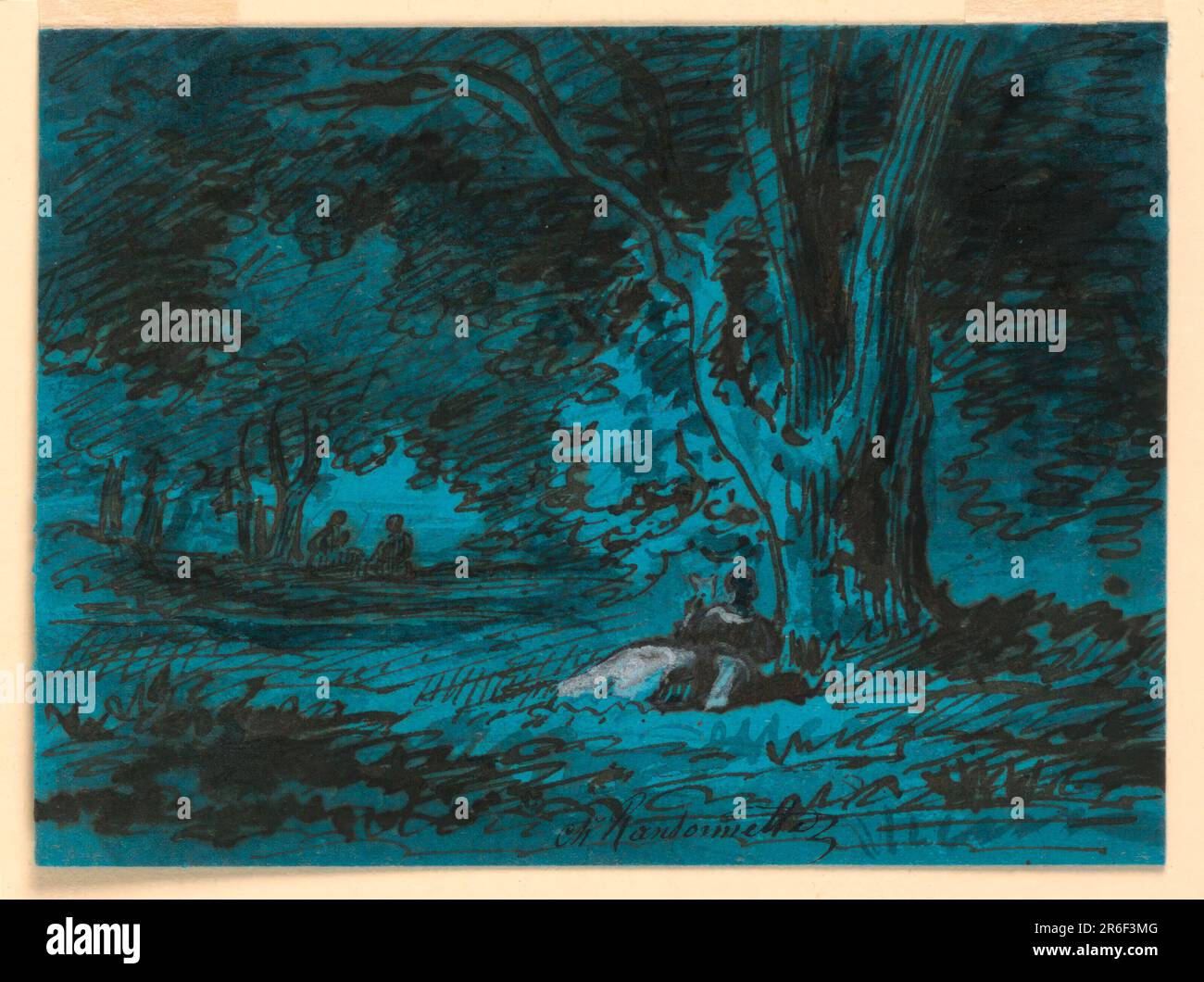 Una donna si siede sotto un albero nel piano centrale destro. Un gruppo seduto viene visualizzato sullo sfondo a sinistra. Parte della copertina di un 'Catalogue de tableaux... Par Horsin Déon.'. Data: 1856. Penna e inchiostro, pennello e acquerello grigio, pennello e gouache bianco e nero su carta blu. Museo: Cooper Hewitt, Smithsonian Design Museum. Foto Stock