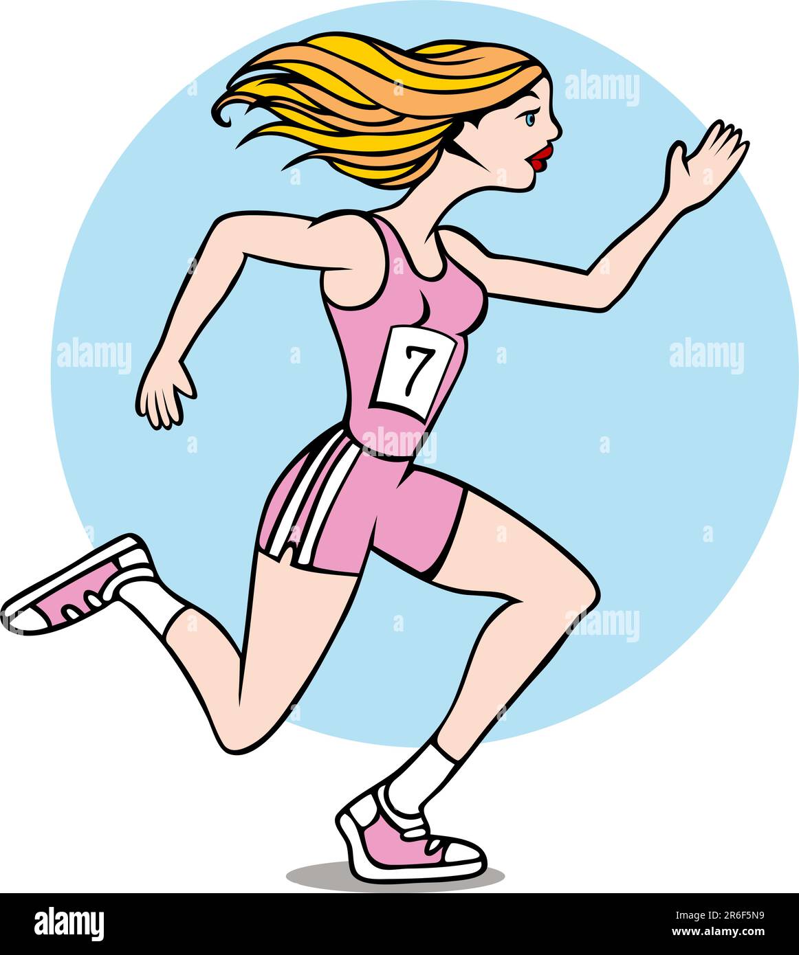 Cartone animato di una donna che corre una gara con il suo numero distintivo. Illustrazione Vettoriale