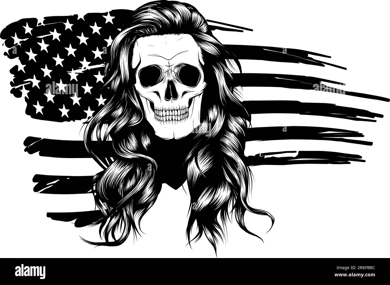 Disegno monocromatico di cranio e bandiera usa. Illustrazione vettoriale. Illustrazione Vettoriale