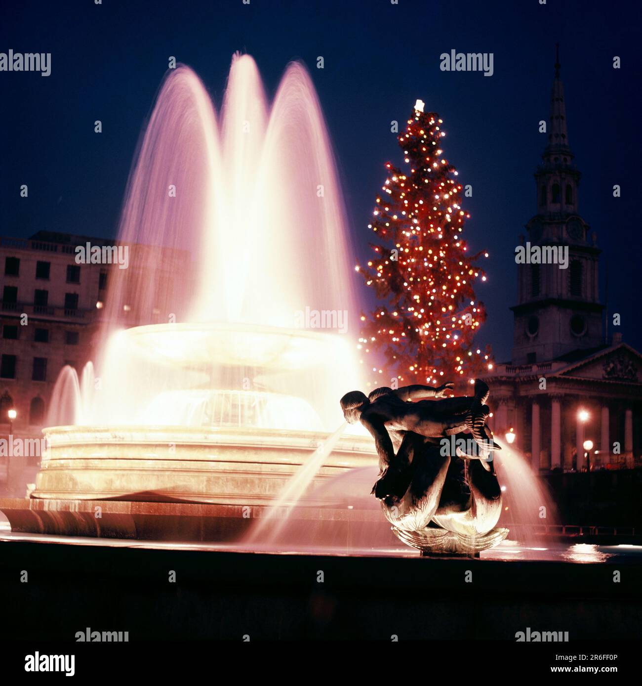 Regno Unito. Inghilterra. Londra. Trafalgar Square. Albero di Natale e fontana. Foto Stock