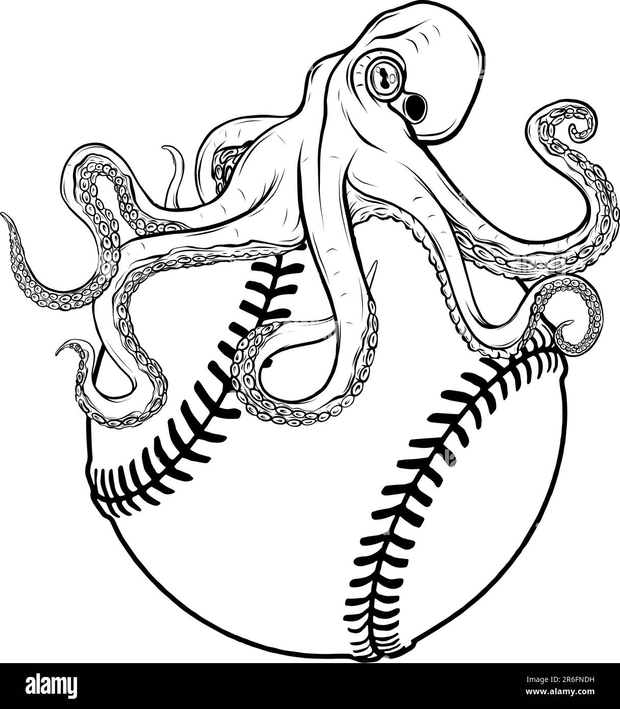 Illustrazione vettoriale di polpo monocromatico su palla da baseball Illustrazione Vettoriale