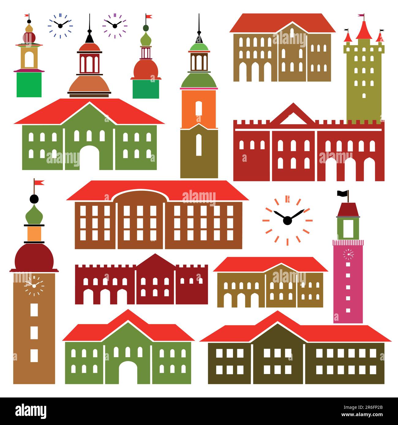 Set di vecchi edifici vettoriali, oggetti di architettura per il progetto, file incluso EPS v8 e 300 dpi JPG Illustrazione Vettoriale