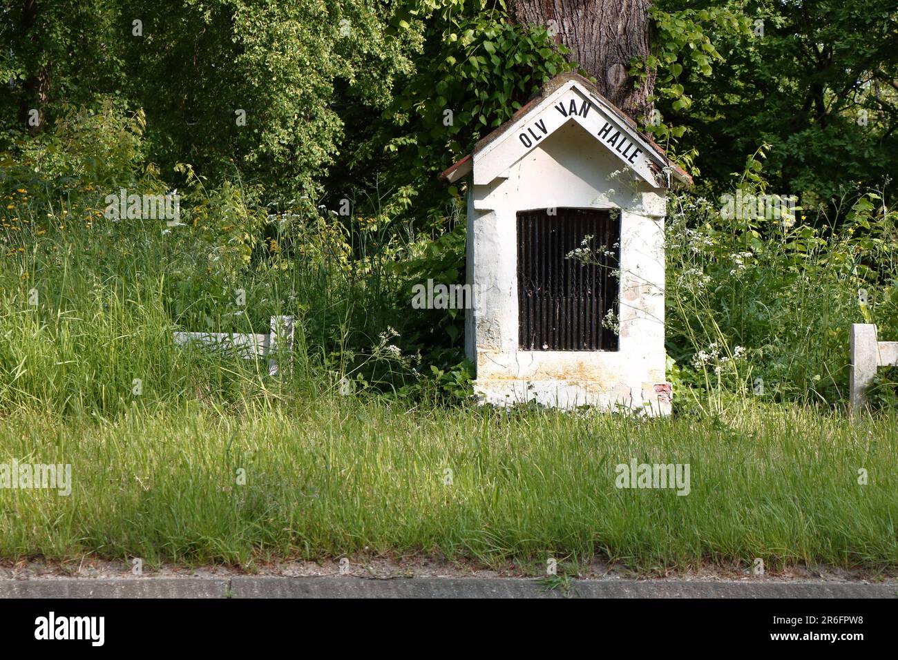 Una piccola cappella, dedicata alla Madonna di Halle, sotto un grande albero lungo una strada trafficata Foto Stock