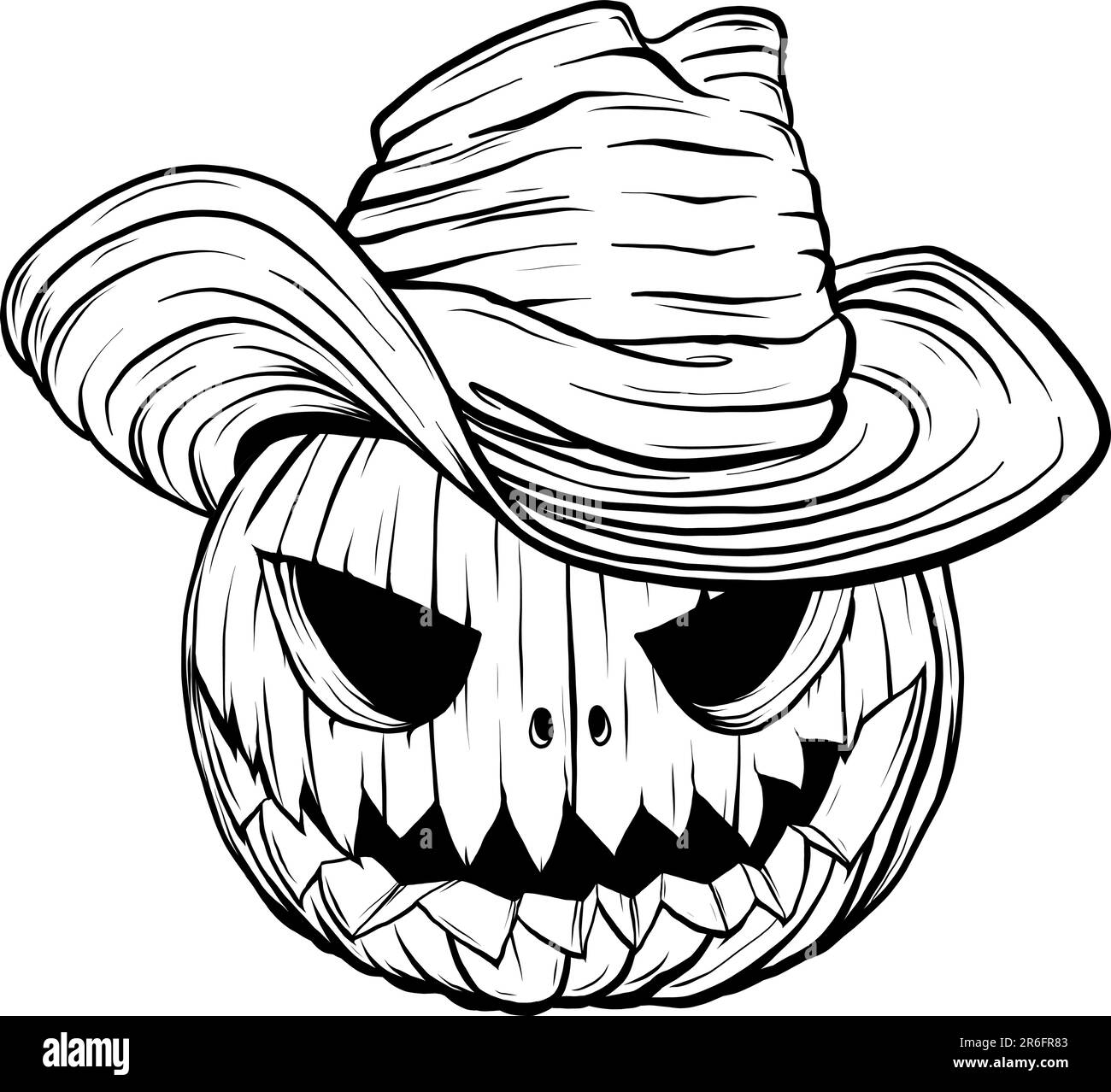 Disegno di illustrazione vettoriale monocromatico di Halloween Pumpkin cowboy Illustrazione Vettoriale