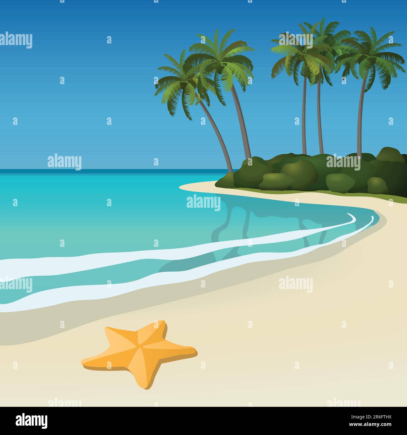 Illustrazione di una spiaggia tropicale di sabbia bianca con palme e stelle marine. Tutti gli oggetti sono raggruppati e facili da modificare o separare. Illustrazione Vettoriale