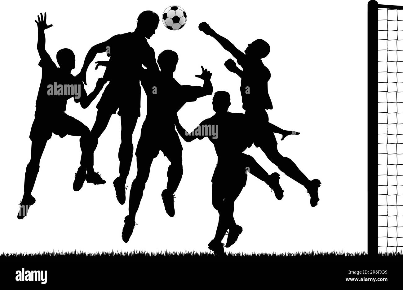 Vettore modificabile silhouette di un calciatore voce la palla al traguardo con tutti i giocatori come oggetti separati Illustrazione Vettoriale