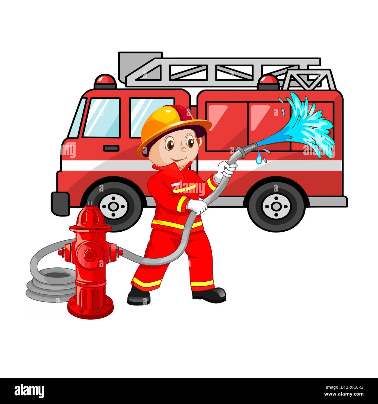 Un'adorabile illustrazione vettoriale di un allegro vigile del fuoco in una classica uniforme da vigile del fuoco Foto Stock