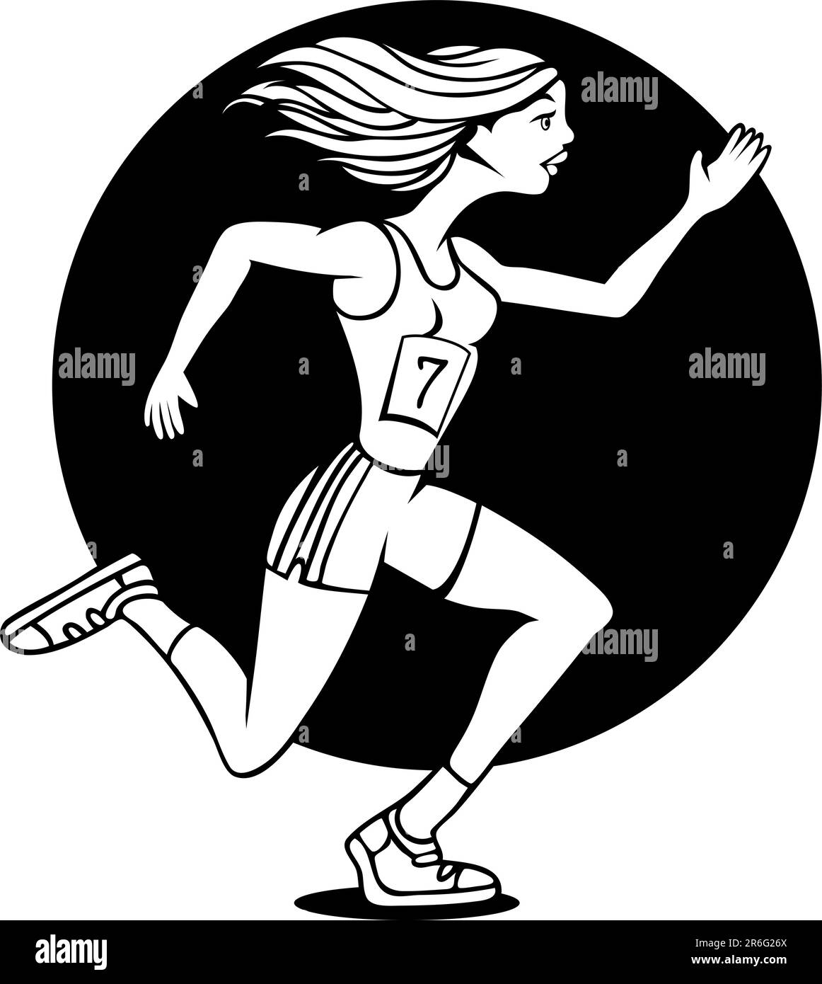 Cartone animato di una donna che corre una gara con il suo numero distintivo. Illustrazione Vettoriale