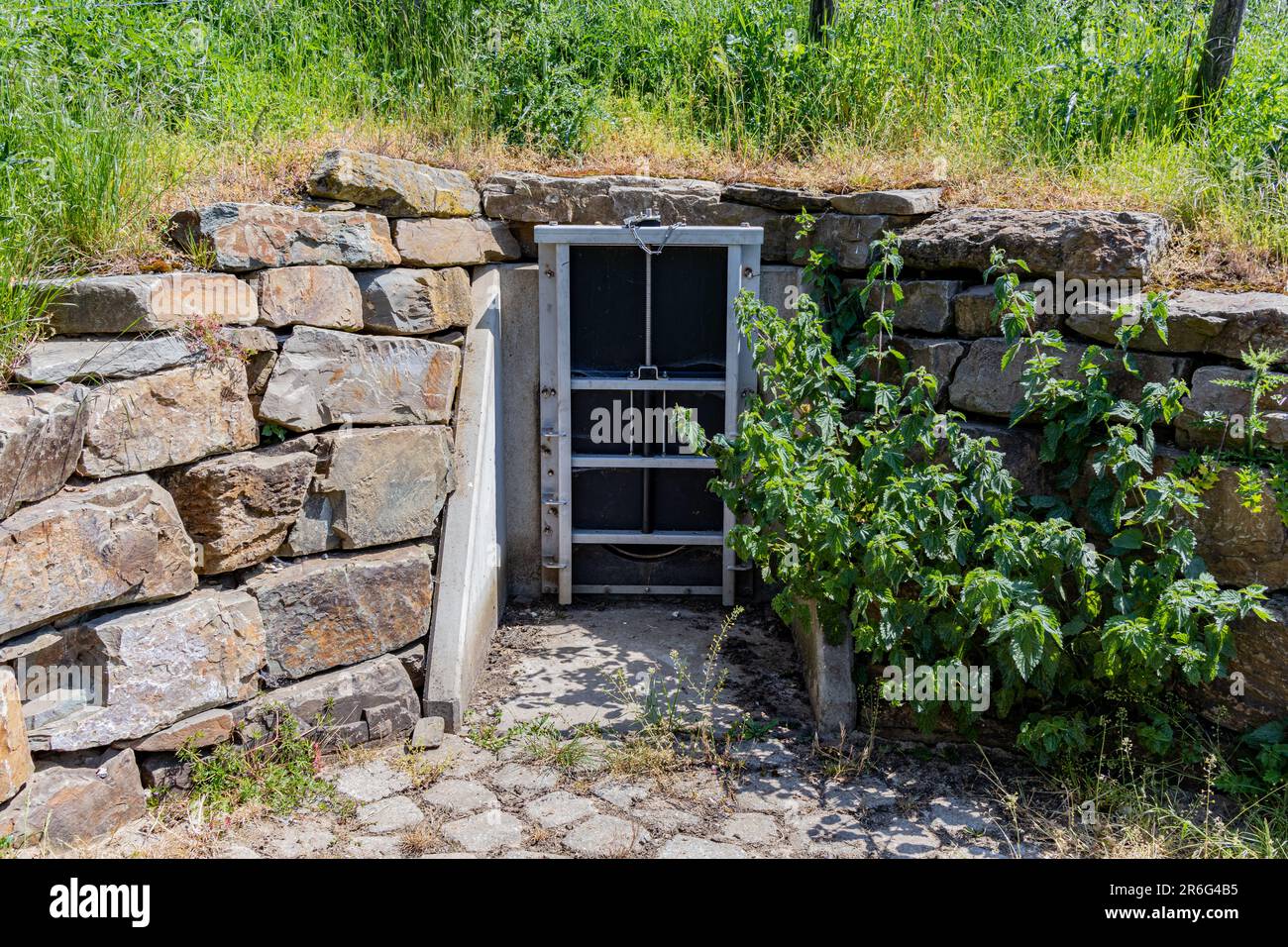 Drenaggio con valvola a saracinesca tra pareti in pietra e erba verde, sistema di controllo per elevati livelli di acqua dovuti al cambiamento climatico, Bemelerberg natura res Foto Stock