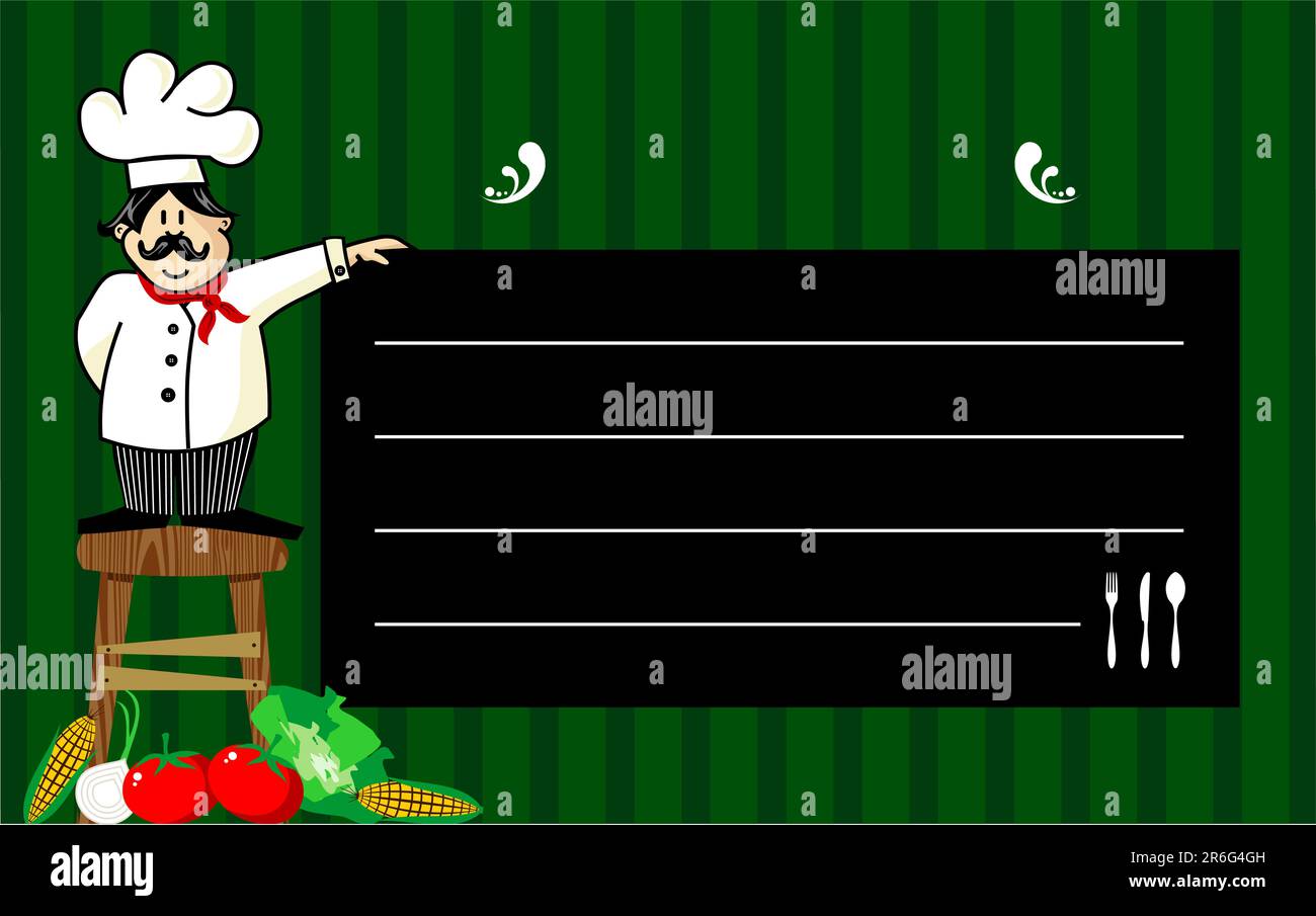 Lo chef divertenti su una panca in legno, tenendo una lavagna dove le raccomandazioni sono scritte giornalmente. Verdure a sinistra. Striped sfondo verde. Illustrazione Vettoriale