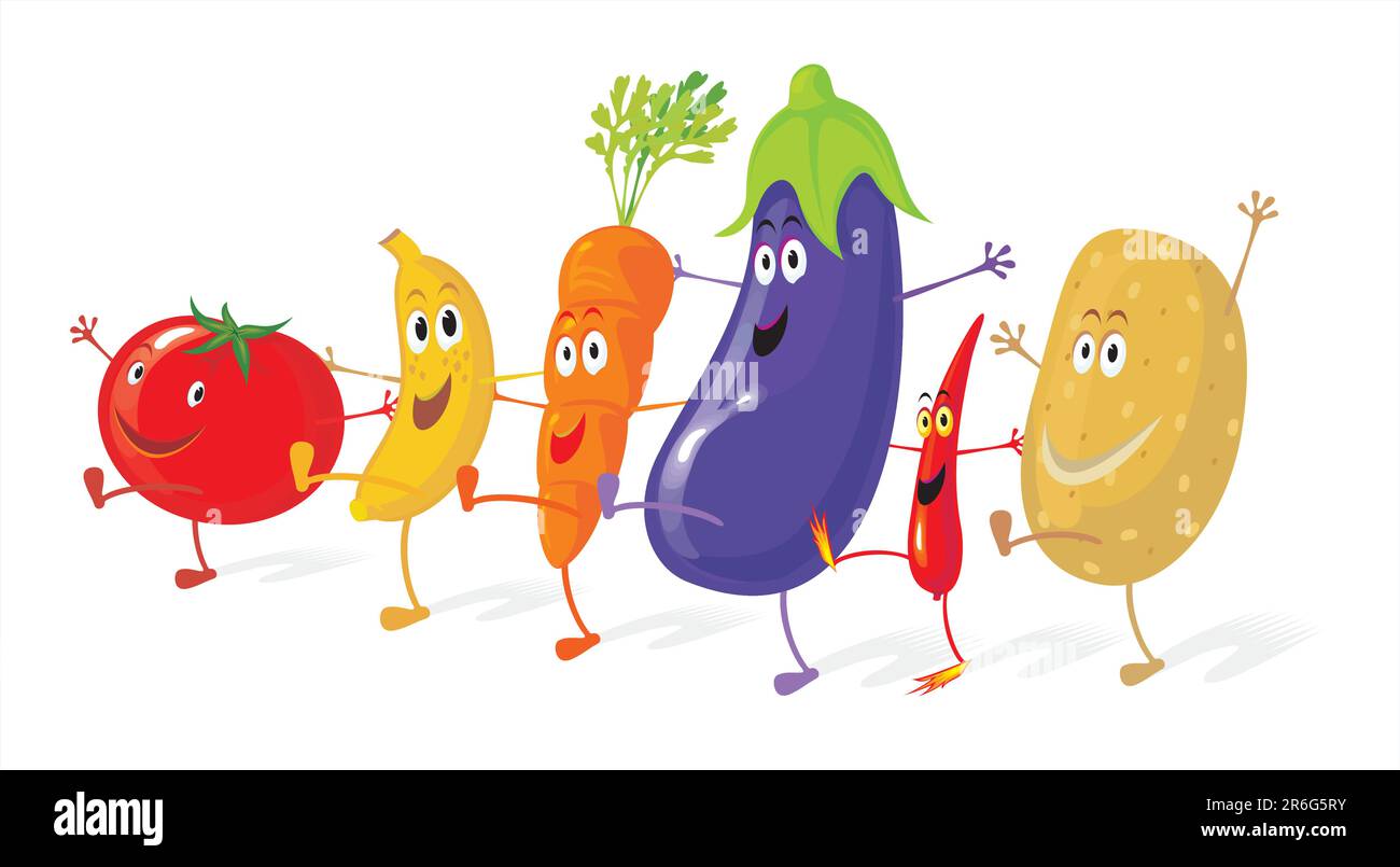 Divertente gruppo di verdure che si divertono a ballare. Nessun vettore gradiente. Creare nuove scene è facile spostando alcuni elementi. Illustrazione Vettoriale