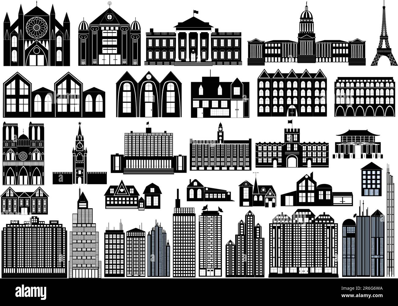 Set di simboli neri di edifici, tra cui famosi Illustrazione Vettoriale