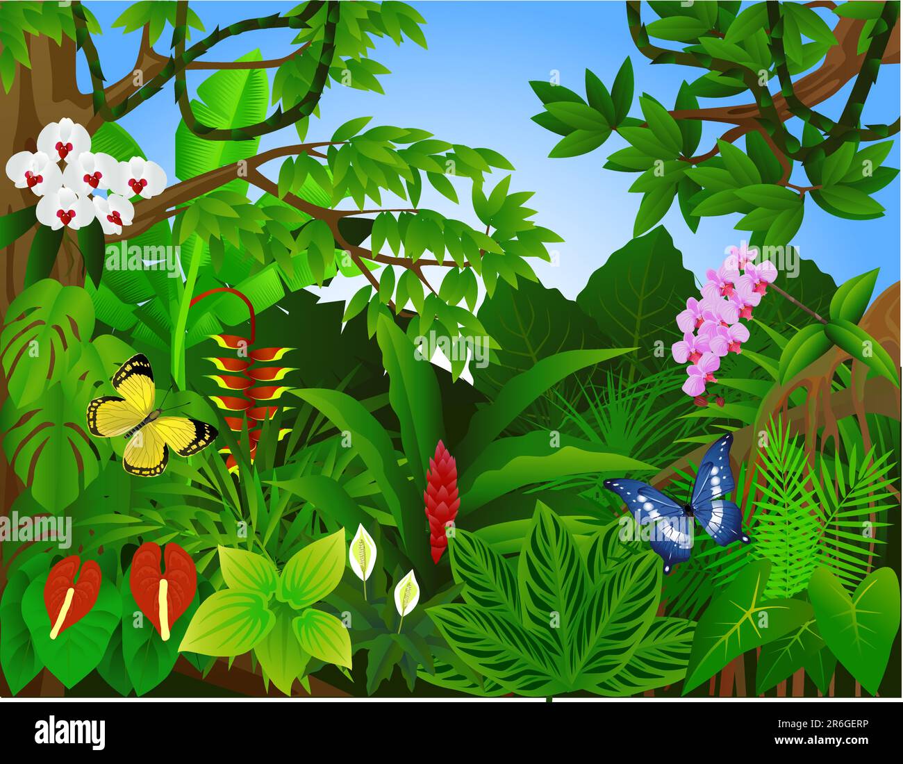 Splendida illustrazione vettoriale della foresta tropicale Illustrazione Vettoriale