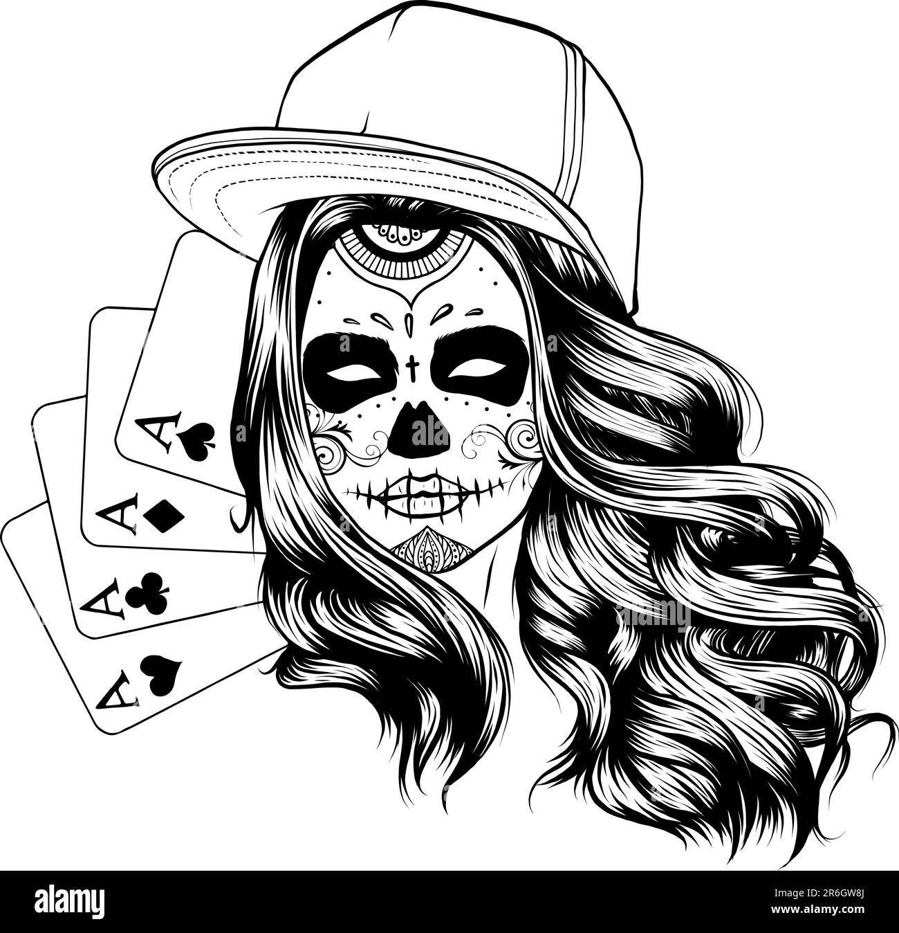 Carte da poker monocromatiche con cranio trucco girk, illustrazione vettoriale Illustrazione Vettoriale