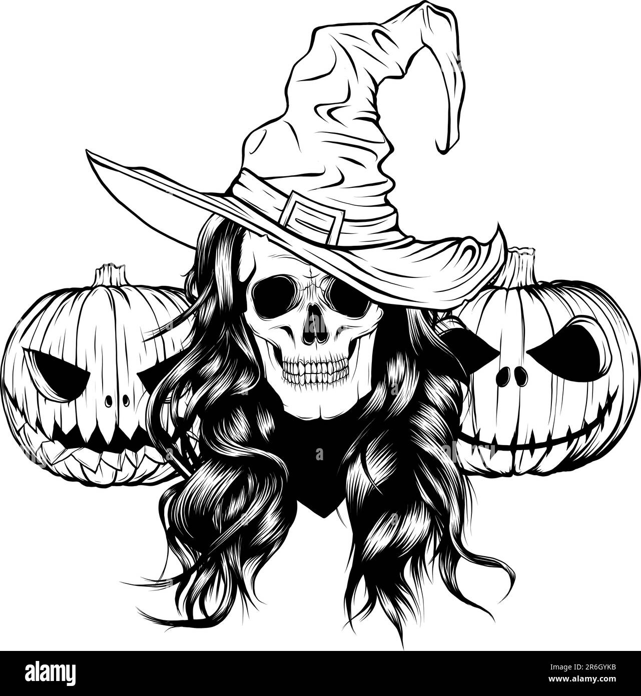 Zucca monocromatica di Halloween con teschi, grafica vettoriale Illustrazione Vettoriale