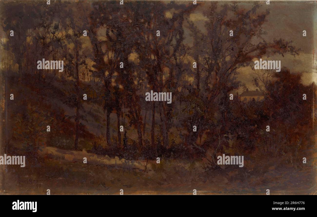Untitled (scena forestale, albero caduto in primo piano e casa sullo sfondo). Data: 1873. Olio su cartone. Museo: Smithsonian American Art Museum. Foto Stock