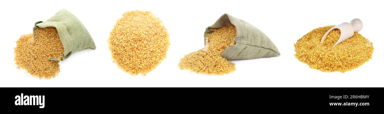 Collage con borse e mucchi di bulgur non cotti su fondo bianco Foto Stock