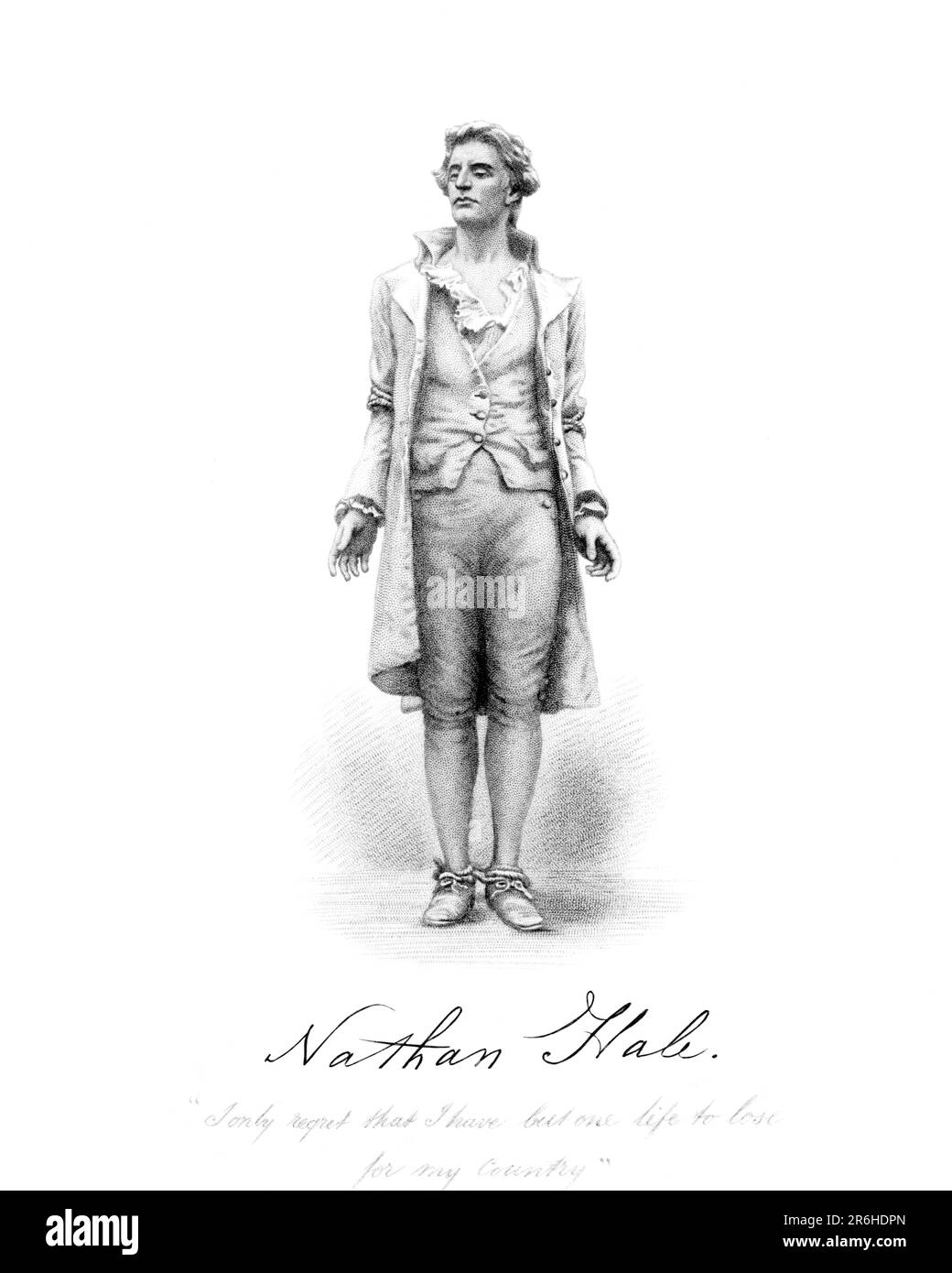 1770S 1776 RITRATTO IN PIEDI NATHAN HALE INSEGNANTE E PATRIOT DELLA GUERRA RIVOLUZIONARIA AMERICANA SPIA CATTURATO GIUSTIZIATO DAGLI INGLESI - Q62270 CPC001 HARS COURAGE E DAL 1776 PATRIOT POLITICA SPIES GUERRA D'INDIPENDENZA HALE FIRMA GIUSTIZIATO NEW YORK CITY RIVOLTA AMERICANA GUERRA RIVOLUZIONARIA COVENTRY 1770S COLONIE HERO MISSIONE NATHAN GIOVANE ADULTO UOMO NERO E BIANCO CATTURATO ETNICITÀ CAUCASICA CONNECTICUT ESERCITO CONTINENTALE CT VECCHIO STILE Foto Stock