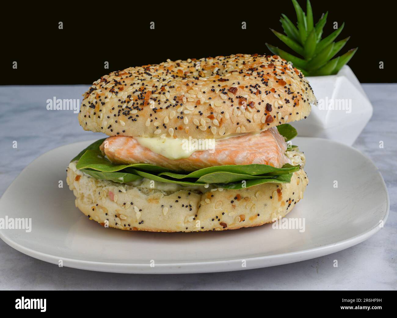 filetto di salmone su un bagel con spinaci e salsa tarter Foto Stock