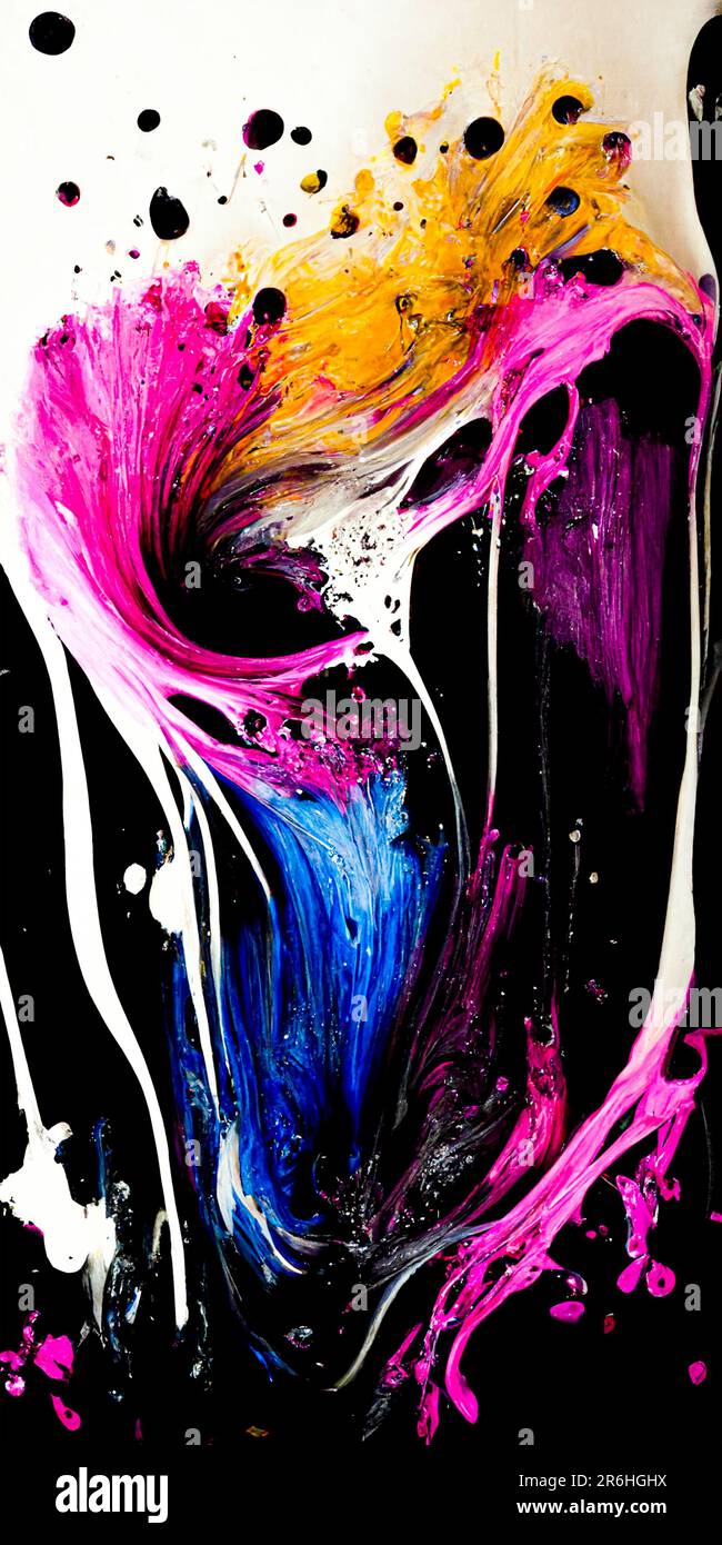 Un dipinto astratto in bianco e nero appoggiato su un tavolo bianco, con il primo piano leggermente fuori fuoco Foto Stock