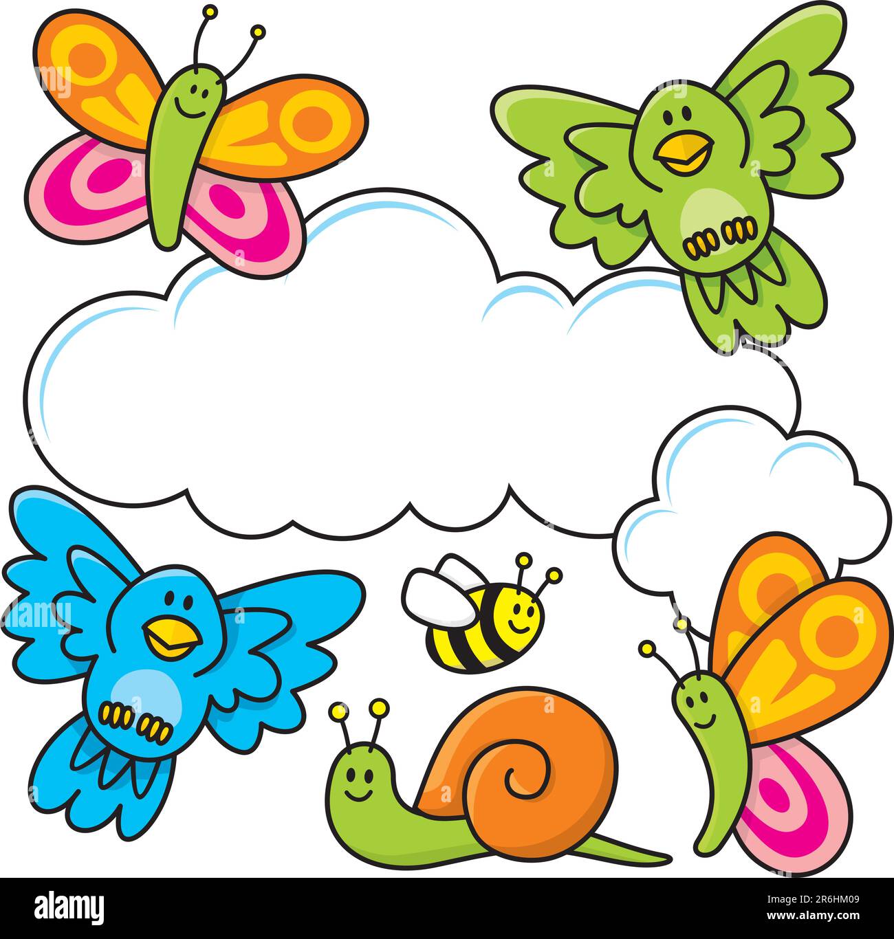 Una scena primaverile con cartoni animati, farfalle, uccelli, api e lumaca. Illustrazione Vettoriale