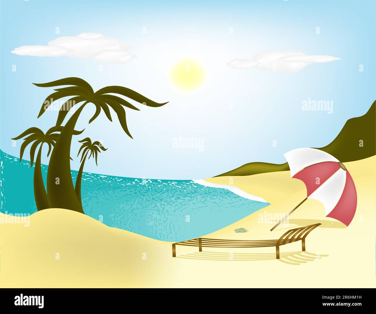 Illustrazione mare, spiaggia, palme e lettini con ombrellone Illustrazione Vettoriale