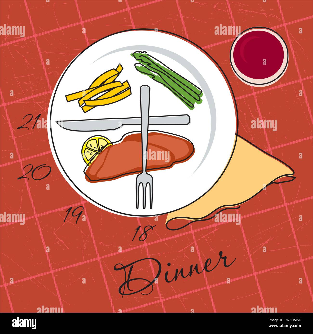 Illustrazione vettoriale di un piatto con ore per la cena Illustrazione Vettoriale