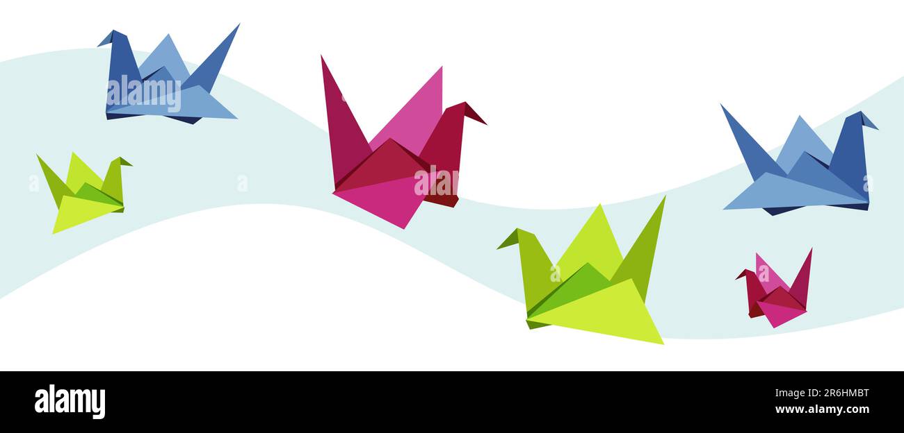 Gruppo di origami vari colori vibranti Swan. File vettoriale disponibile. Illustrazione Vettoriale
