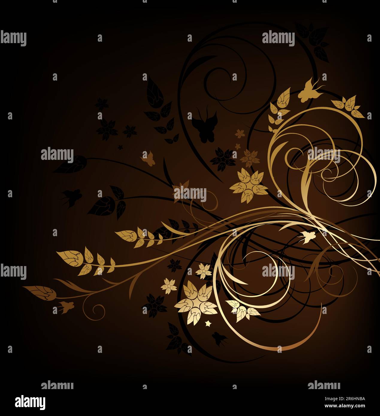 Grunge marrone e oro sfondo floreale con farfalla Illustrazione Vettoriale