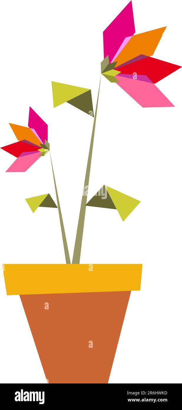 Origami colori vibranti fiori in un vaso. File vettoriale disponibile. Illustrazione Vettoriale