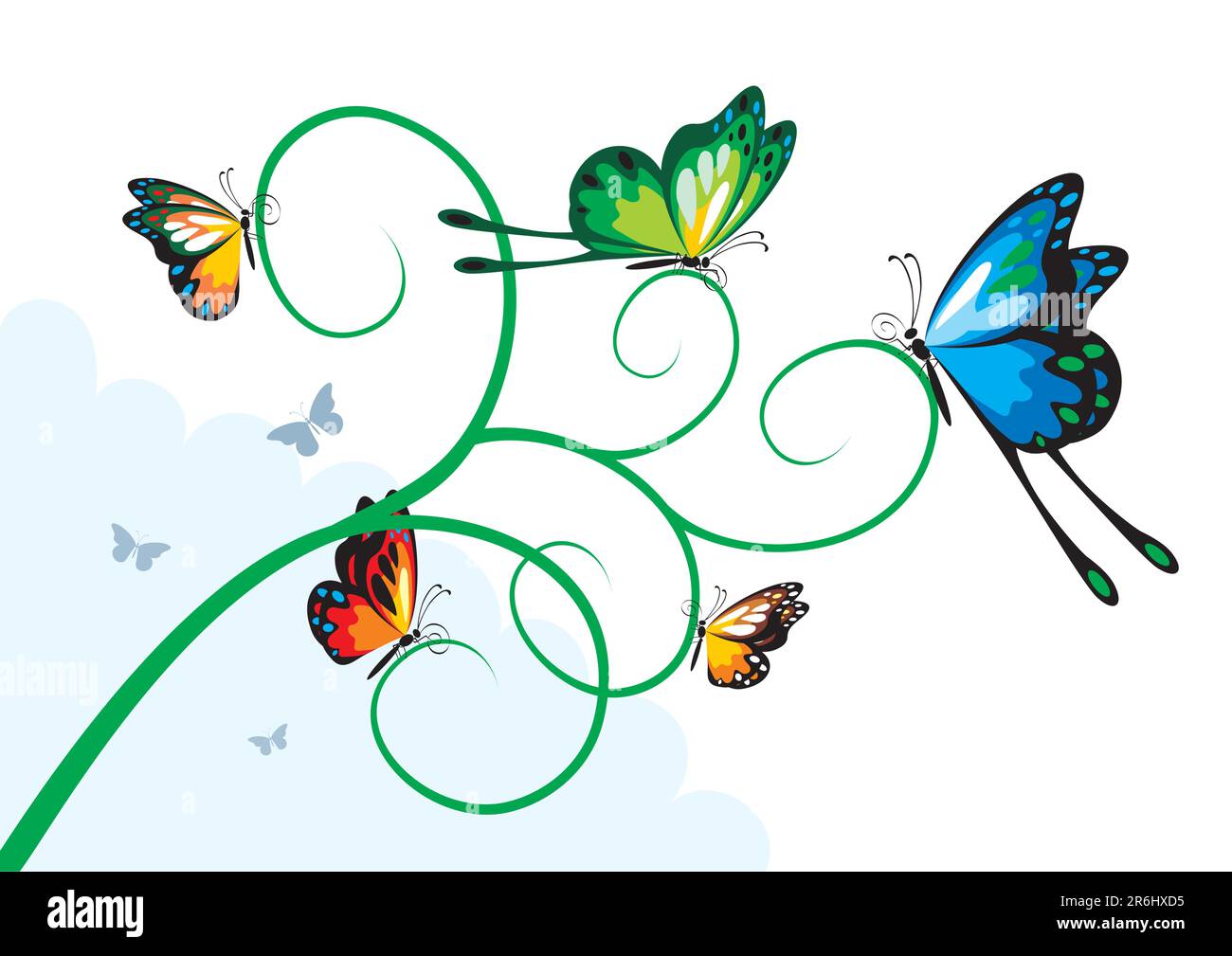 Ornamento angolare a colori con farfalle appoggiate su un ramo. Nessun riempimento gradiente. Colori e composizione facili da personalizzare. Illustrazione Vettoriale