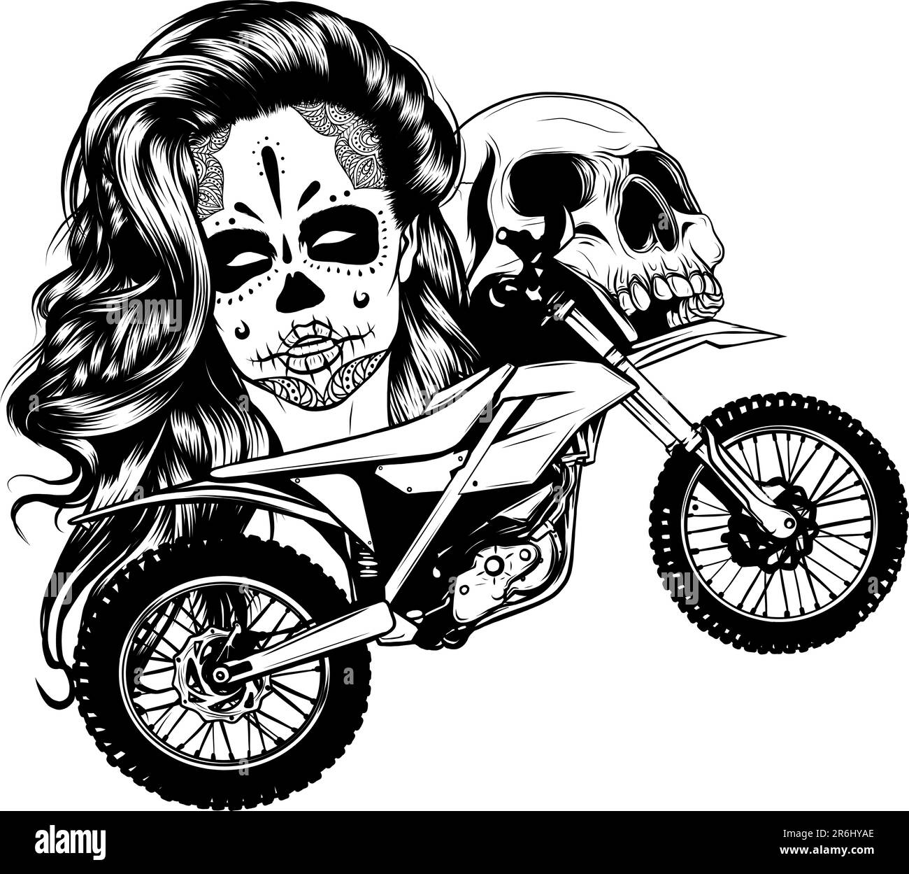 Illustrazione monocromatica vettoriale della motocicletta con makeup donna e cranio Illustrazione Vettoriale