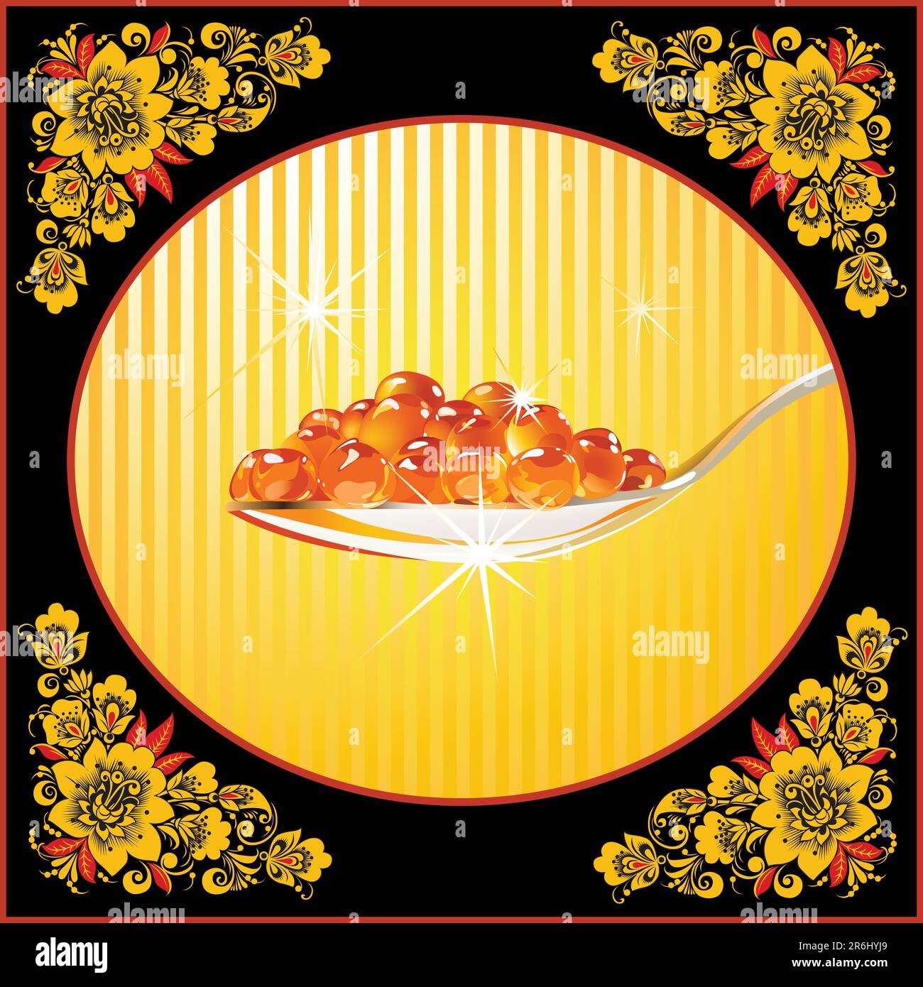 Illustrazione vettoriale della cornice nera decorata con cucchiaio con caviale rosso Illustrazione Vettoriale