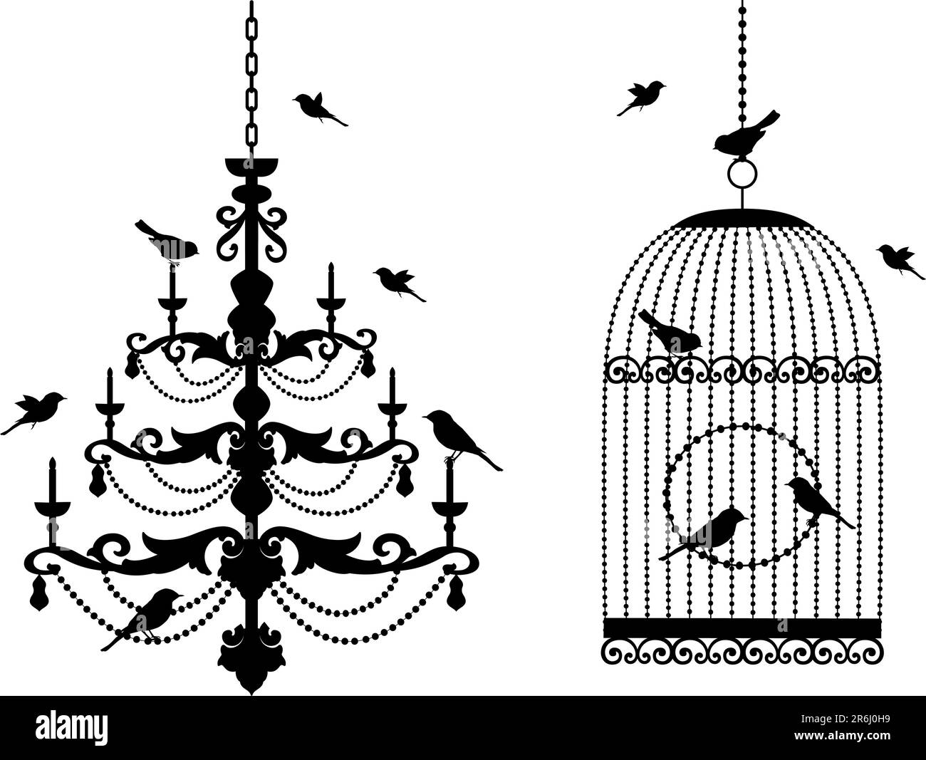 gabbia per uccelli d'epoca e lampadario di cristallo con uccelli, sfondo vettoriale Illustrazione Vettoriale