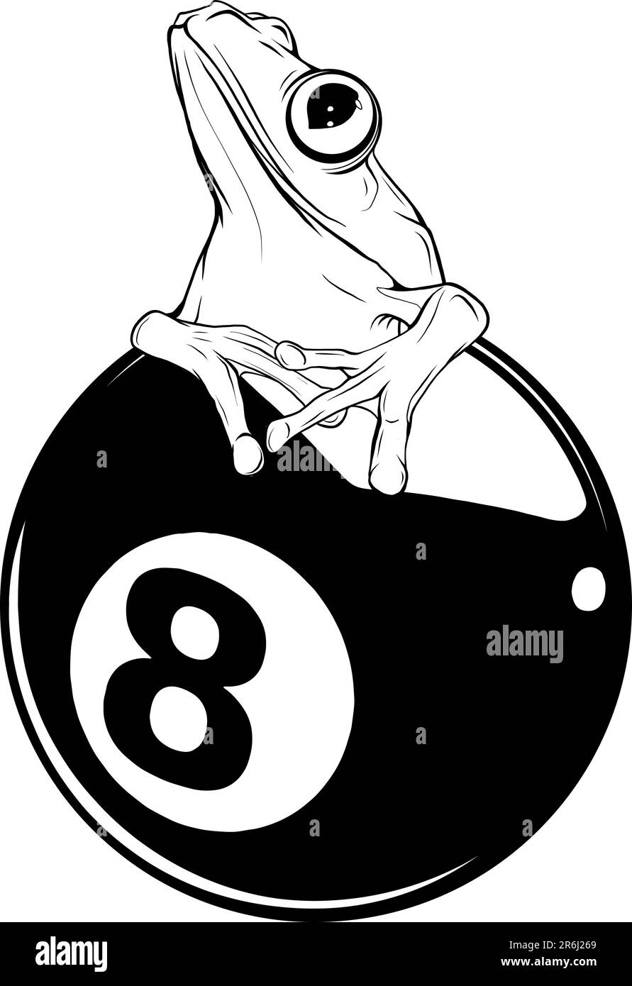Illustrazione vettoriale di rana monocromatica su 8 Ball Billards Pool Game Nero Illustrazione Vettoriale