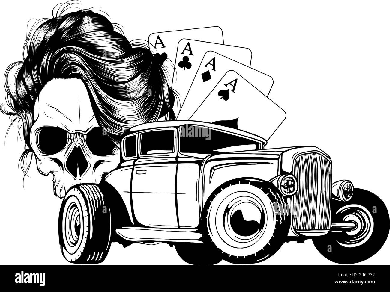 Illustrazione vettoriale del cranio monocromatico con asta calda e assi da poker su sfondo bianco Illustrazione Vettoriale