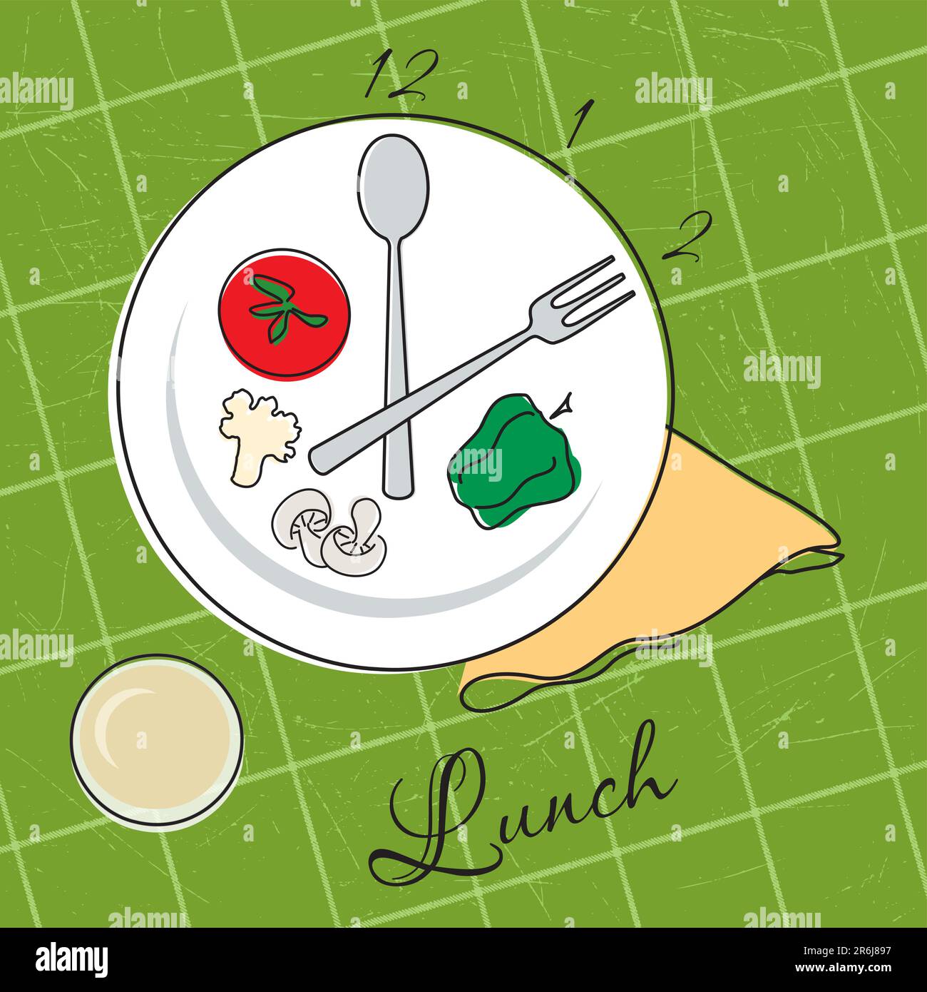 Illustrazione vettoriale di un piatto con ore per il pranzo Illustrazione Vettoriale