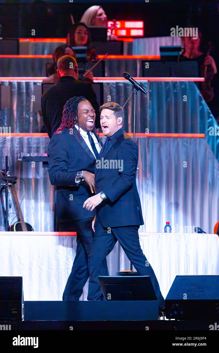 Michael Bublé ha suonato dal vivo in concerto alla Qudos Bank Arena di Sydney, Australia, come parte del suo 'Higher Tour' del 2023. Foto Stock