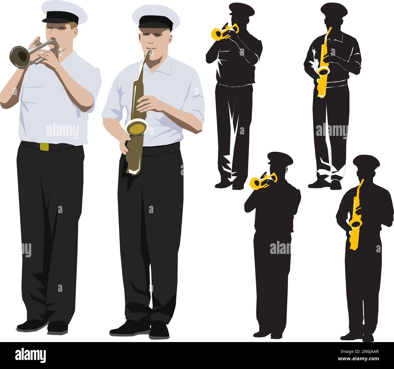 I membri della banda militare suonare la tromba e sassofono. Illustrazione Vettoriale e silhouette Illustrazione Vettoriale