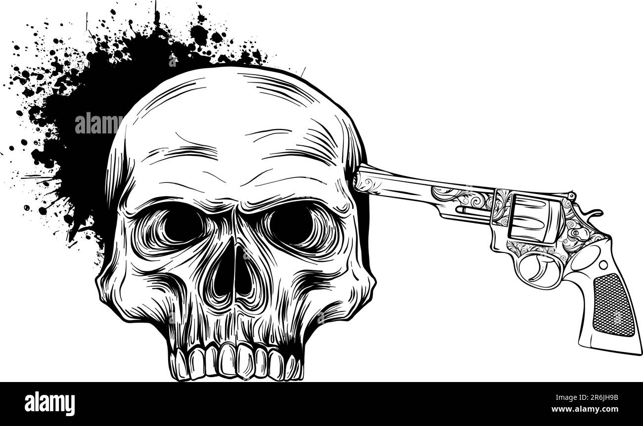 Illustrazione vettoriale del cranio monocromatico con rivoluzioni per il disegno del tatuaggio. Illustrazione Vettoriale