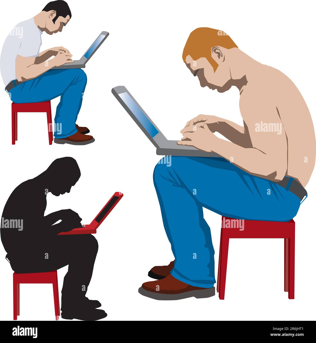 Giovane seduto su un tavolo rosso che lavora con un computer portatile. Illustrazione vettoriale e silhouette Illustrazione Vettoriale