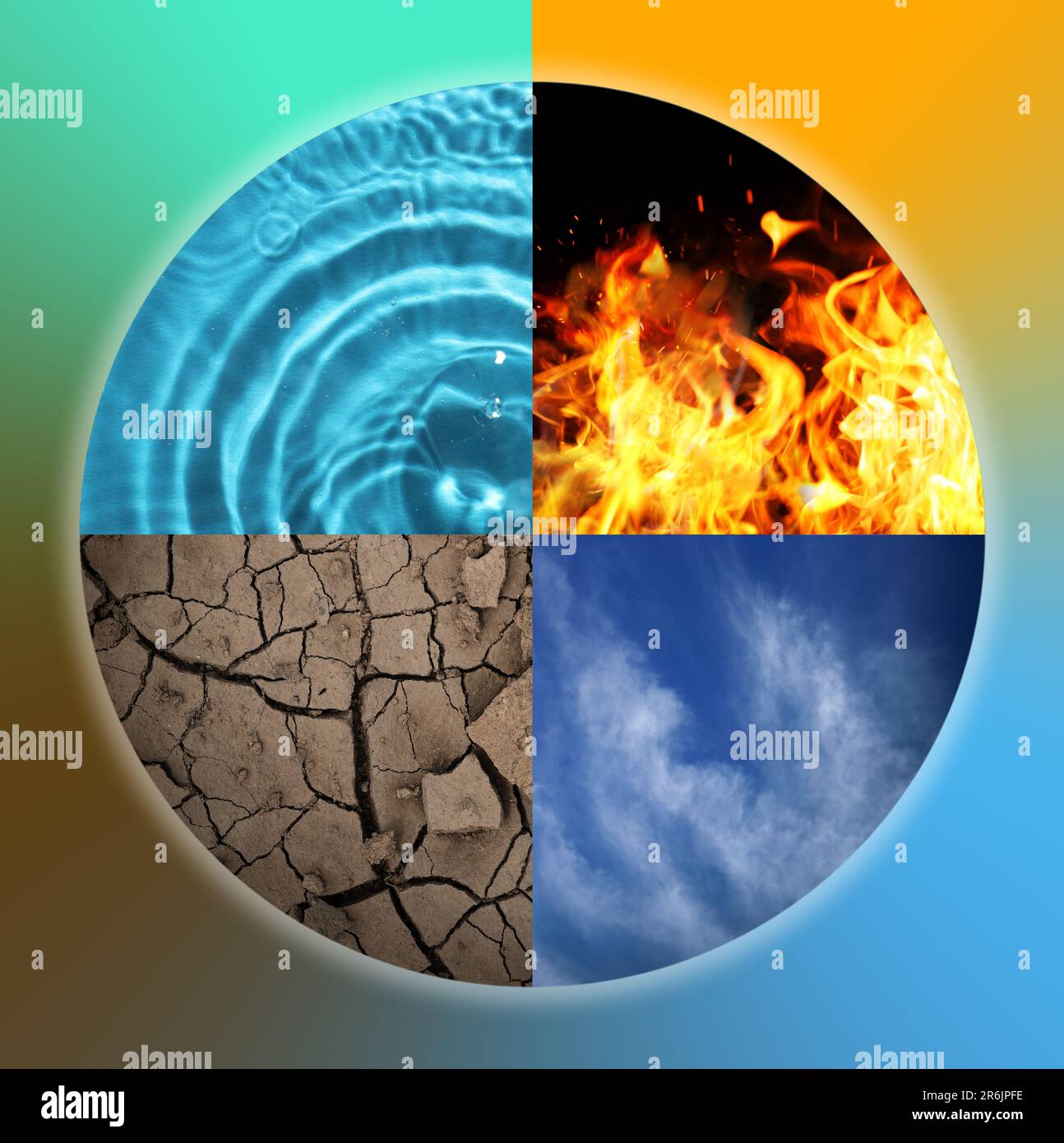 Set di quattro elementi su sfondo a colori. Aria, Terra, fuoco e acqua Foto Stock